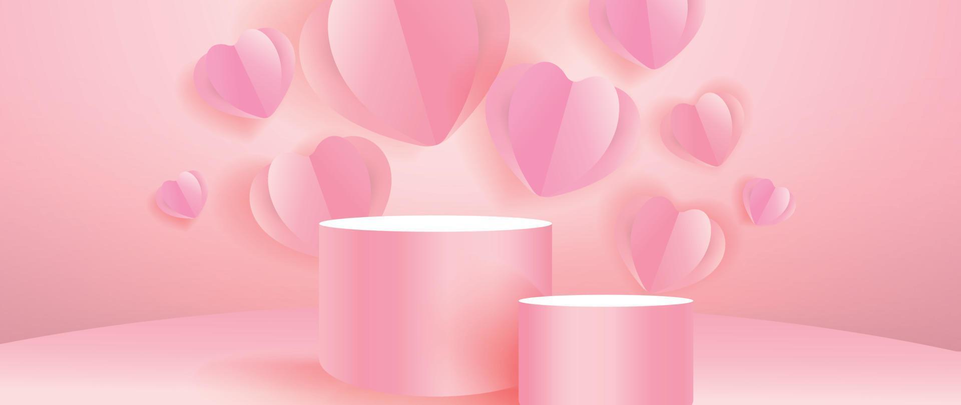 gelukkig Valentijnsdag dag concept vector. abstract 3d samenstelling versieren met meetkundig podium en origami papier roze harten achtergrond. ontwerp voor banier, bespotten omhoog, Product presentatie, advertenties, marketing. vector