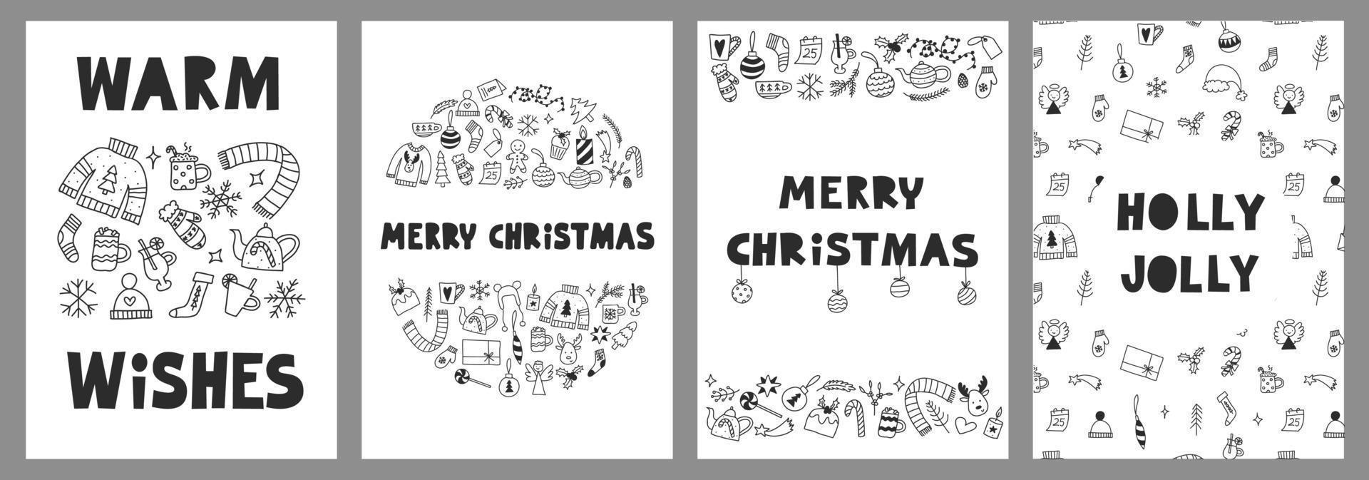 Kerstmis groet en geschenk kaart reeks met belettering en vakantie elementen en symbolen. hand- getrokken tekening vector illustraties verzameling. vrolijk kerstmis, warm wensen, knus winter concept.