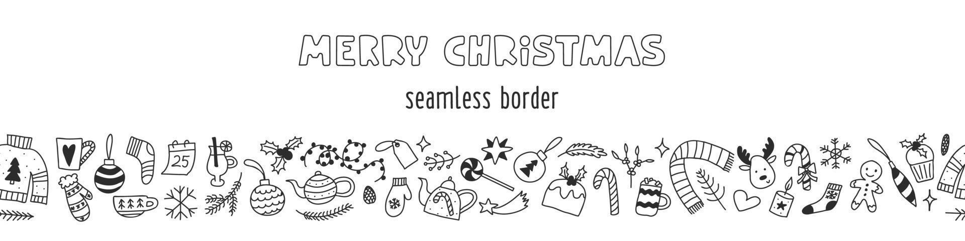 Kerstmis elementen en symbolen horizontaal naadloos grens. knus winter en vrolijk Kerstmis vakantie achtergrond. hand- getrokken tekening vector illustratie in zwart en wit.