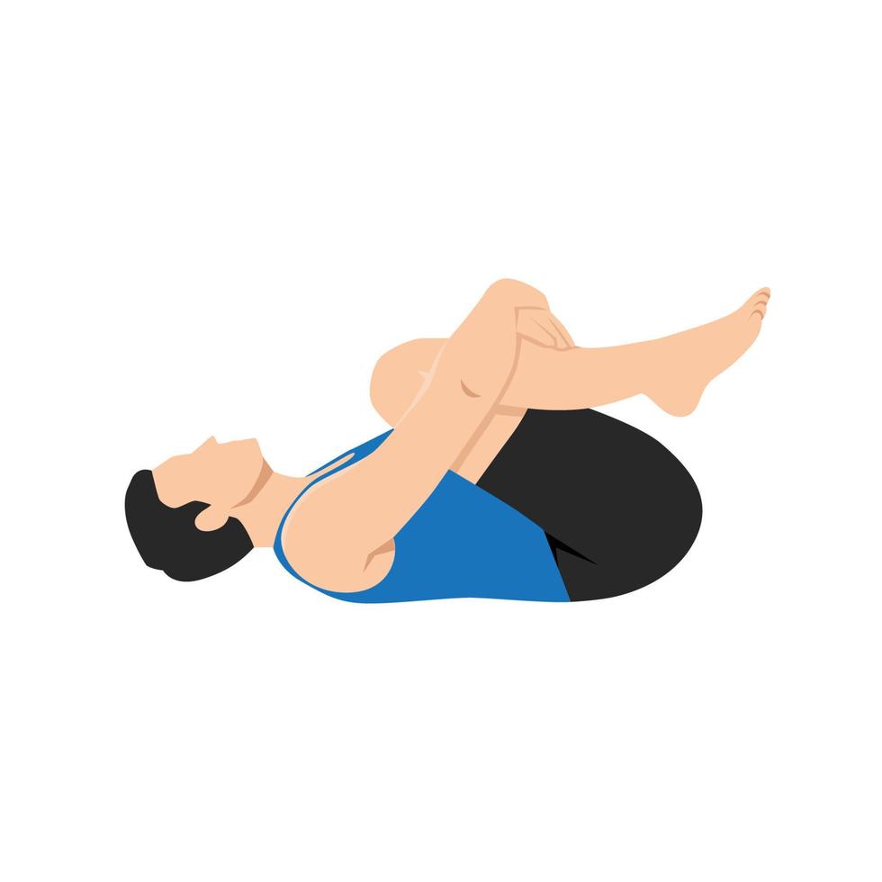 Mens aan het doen knieën naar borst houding apanasana oefening. vlak vector illustratie geïsoleerd Aan wit achtergrond