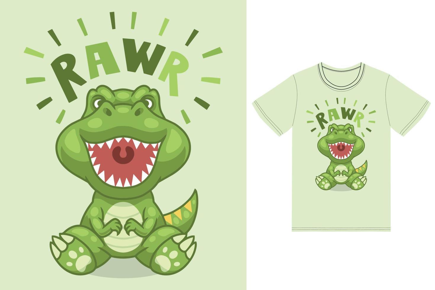 schattig dinosaurus rauwer illustratie met t-shirt ontwerp premie vector