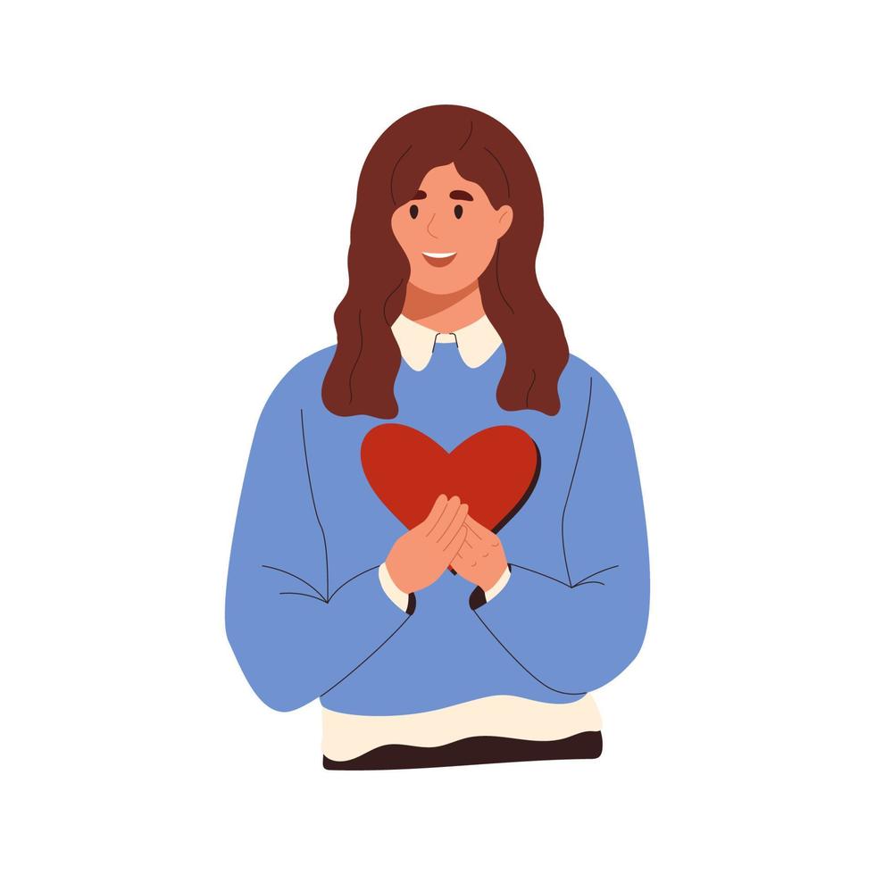 gelukkig jong vrouw Holding groot rood hart in handen. glimlachen persoon knuffelen valentijn. liefde, hoop, vrijgevigheid, vriendelijkheid, liefdadigheid concept. gekleurde vlak vector illustratie geïsoleerd Aan wit achtergrond