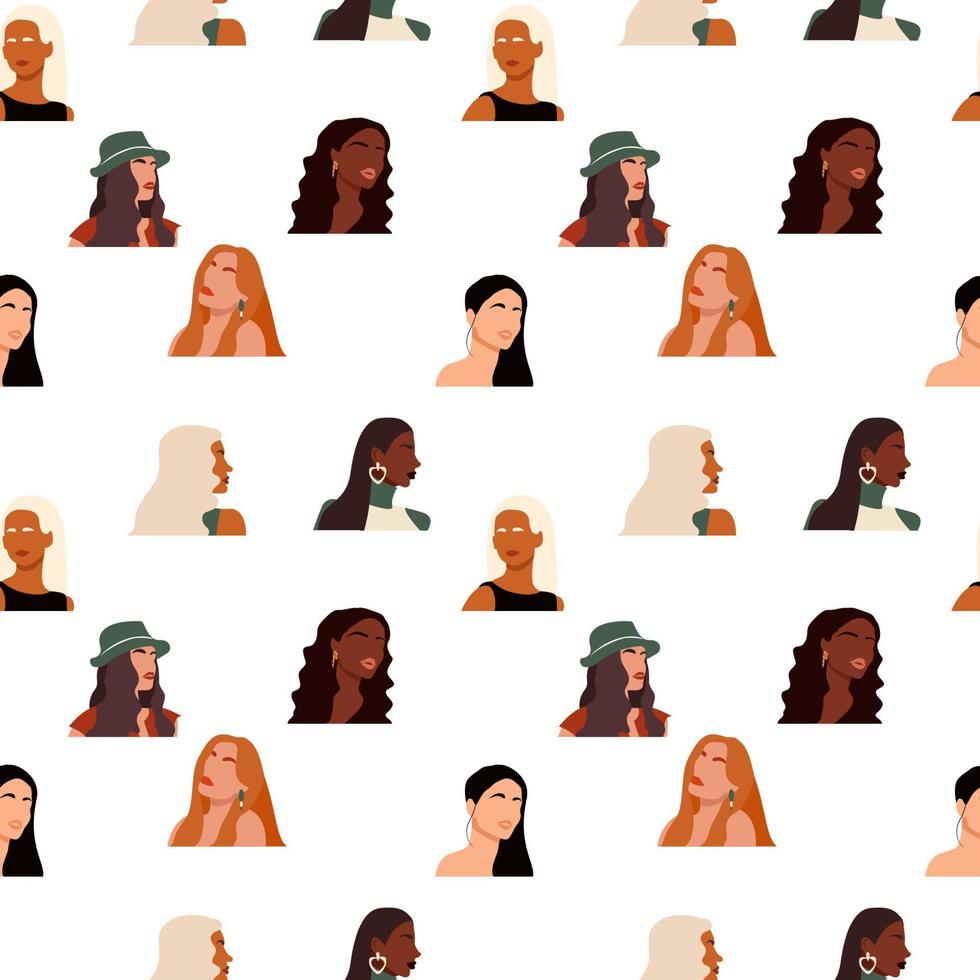 naadloos patroon met abstract vrouw gezichten. herhaalbaar achtergrond met Dames van verschillend huid kleuren en etniciteiten. vector eindeloos mode afdrukken