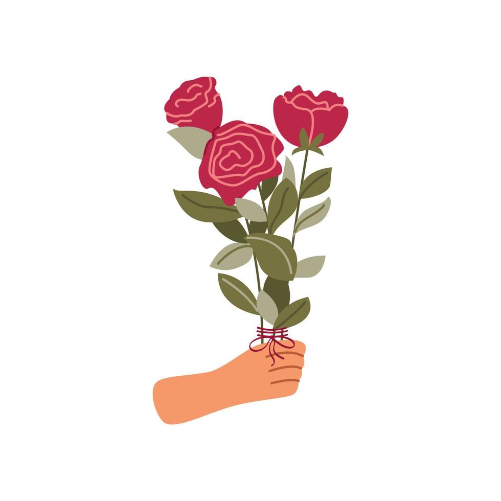 hand- Holding elegant boeket van roos bloemen. mooi roze bundel van besnoeiing bloeit. gekleurde vlak vector illustratie geïsoleerd Aan wit achtergrond