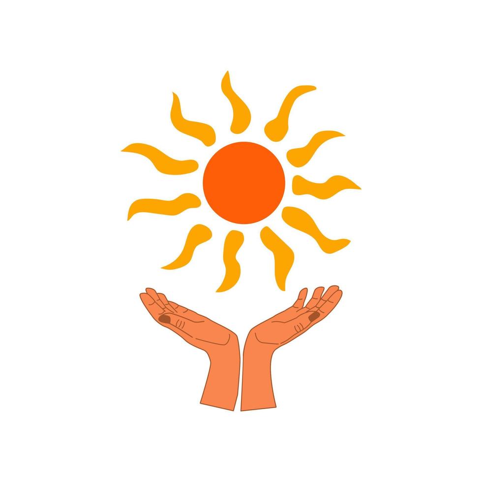 handen houden zon. wit achtergrond. vector hand- getrokken