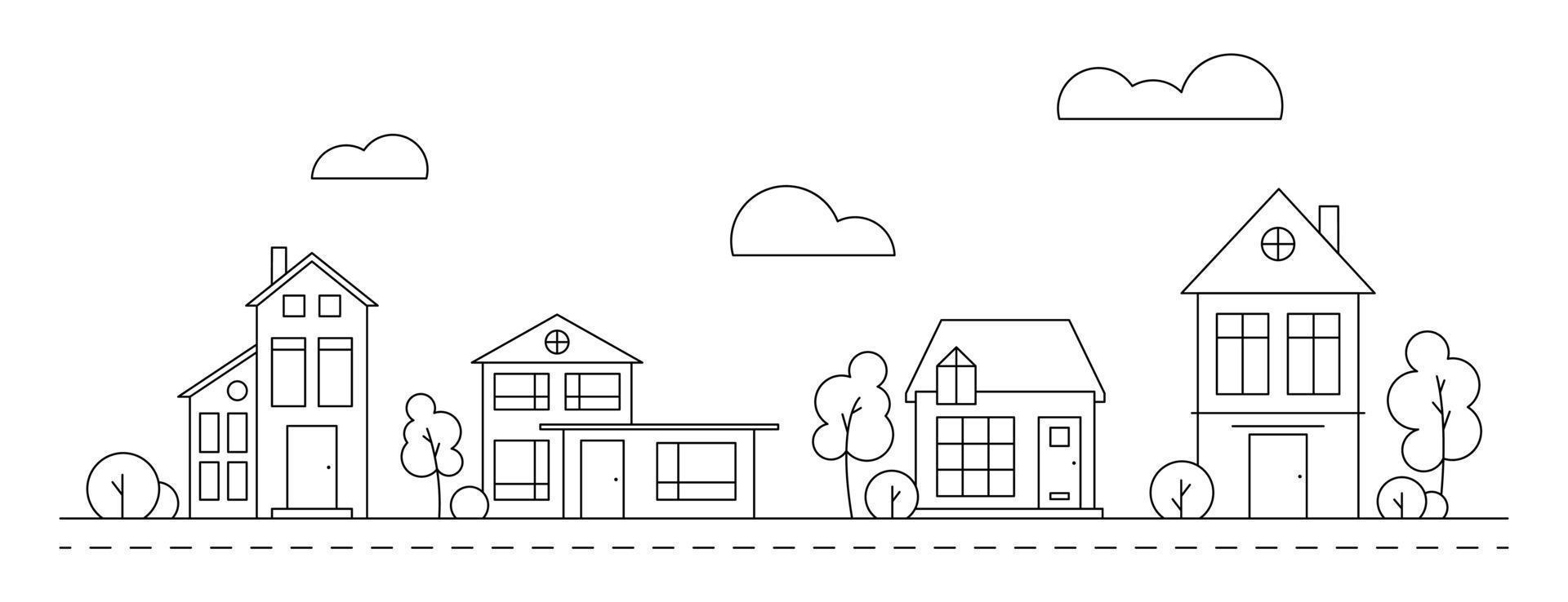 buurt lijn kunst illustratie met huizen. stadsgezicht met blauw woon- gebouwen. vector