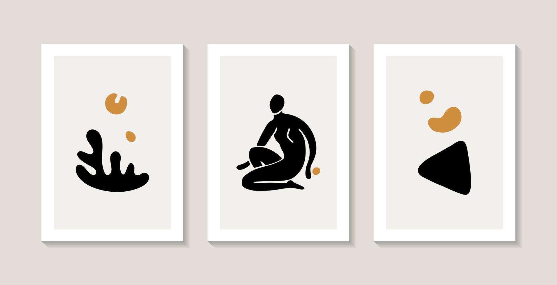 reeks met abstract posters met een vrouw silhouetten en zee vormen. vector