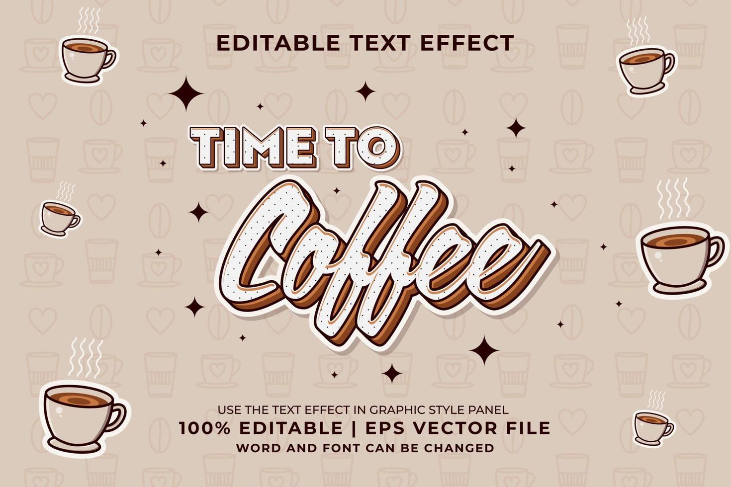 bewerkbare tekst effect - tijd naar koffie tekenfilm sjabloon stijl premie vector