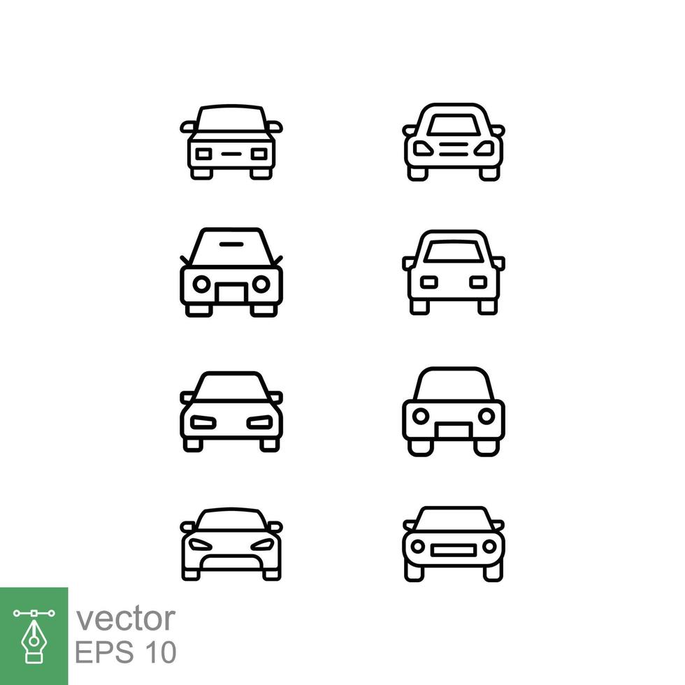 auto voorkant lijn icoon set. gemakkelijk schets stijl teken symbool. auto, visie, sport, ras, vervoer concept. vector illustratie verzameling geïsoleerd Aan wit achtergrond. eps 10.