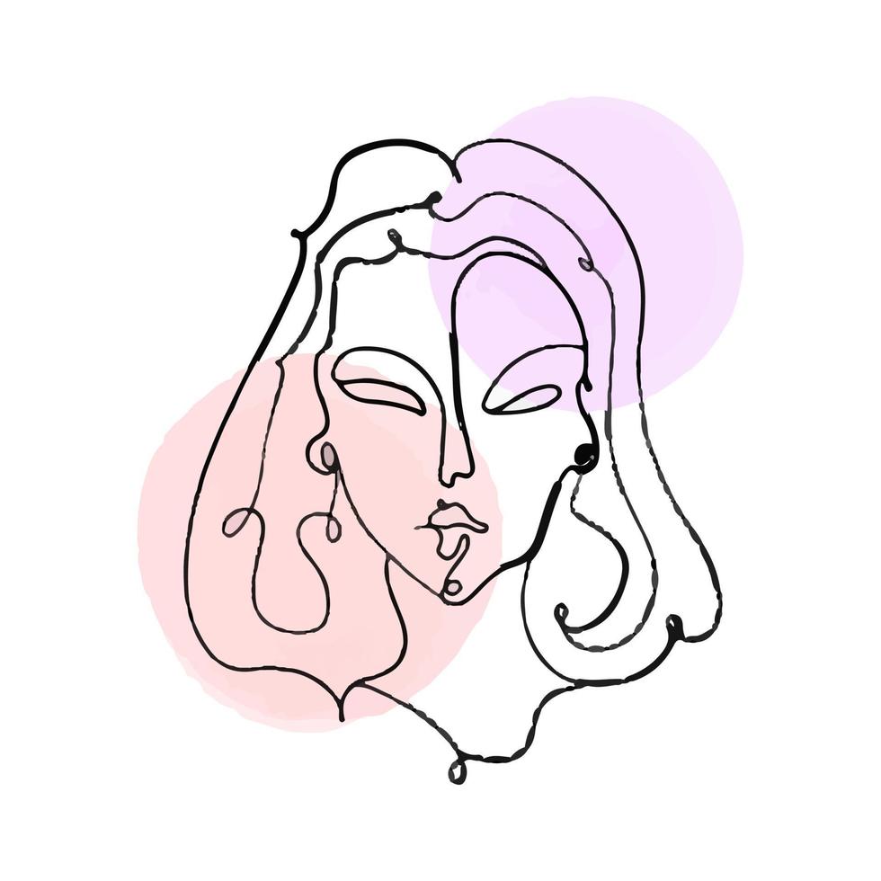 gemakkelijk, minimalistische vector illustratie van mooi vrouw gezicht. lijn tekening met waterverf vlekken.