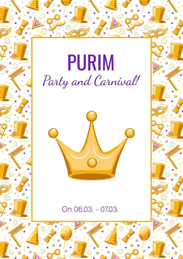 Purim gouden poster met naadloos patroon, vector banier, reclame, Aankondiging van een evenement, vakantie uitnodiging.