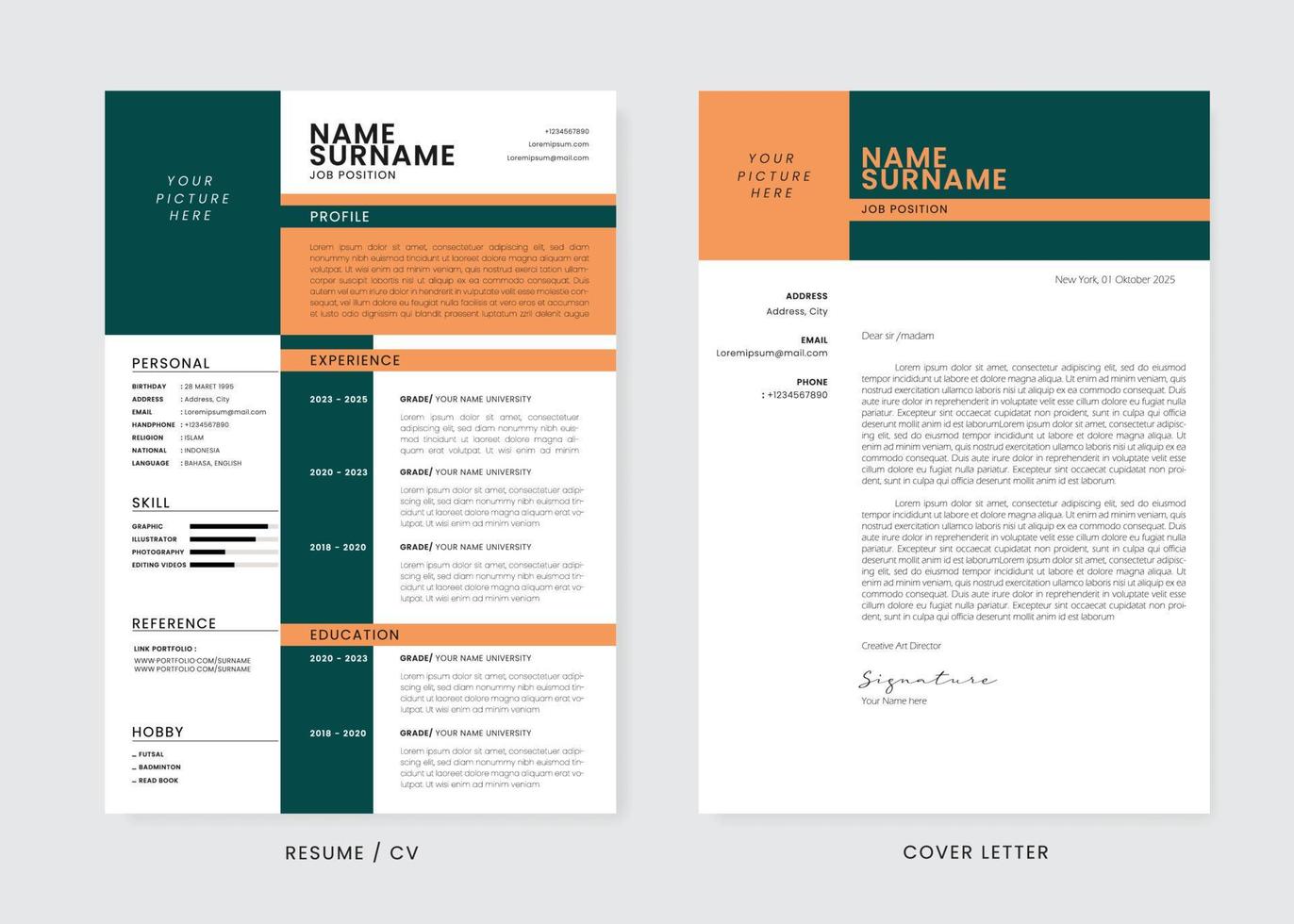 minimalistische CV hervat en Hoes brief ontwerp sjabloon. super schoon en Doorzichtig professioneel modern ontwerp. elegant minimalistische elementen en pictogrammen met zacht bruin en groen kleur - vector sjabloon.