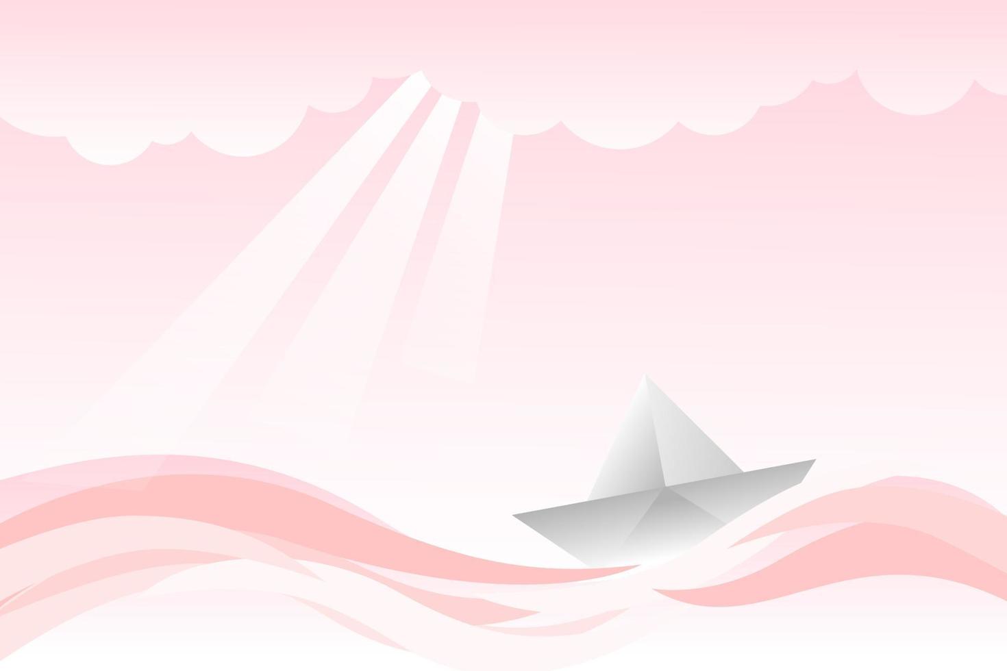 illustratie van een boot Aan zee in roze kleur thema. origami wit papier boot drijvend in de zee met wolk in roze kleur thema vector