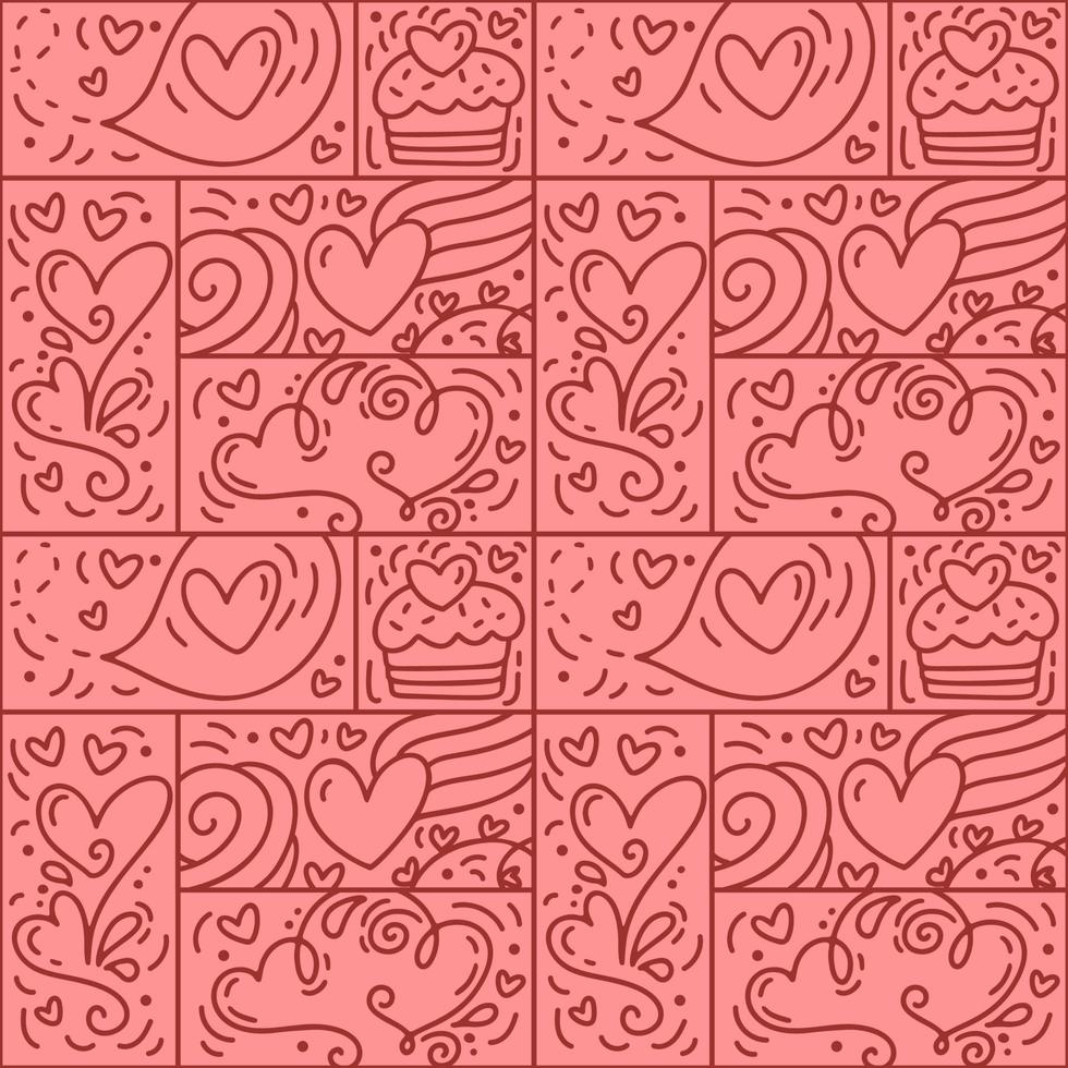 valentijnsdag logo vector naadloos patroon liefde, taart, hart lijn en abstract Aan roze achtergrond. hand- getrokken monoline bouwer voor romantisch groet kaart