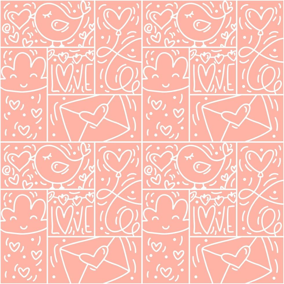 valentijnsdag logo vector naadloos patroon liefde, vogel, hart, envelop lijn en abstract Aan roze achtergrond. hand- getrokken monoline bouwer voor romantisch groet kaart