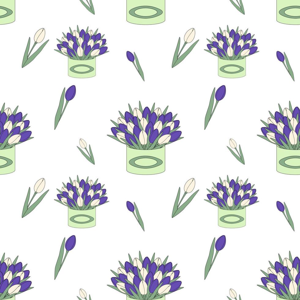 eindeloos patroon van boeket van bloeiend tulp bloemen in circulaire doos in tekenfilm stijl in modieus tinten vector