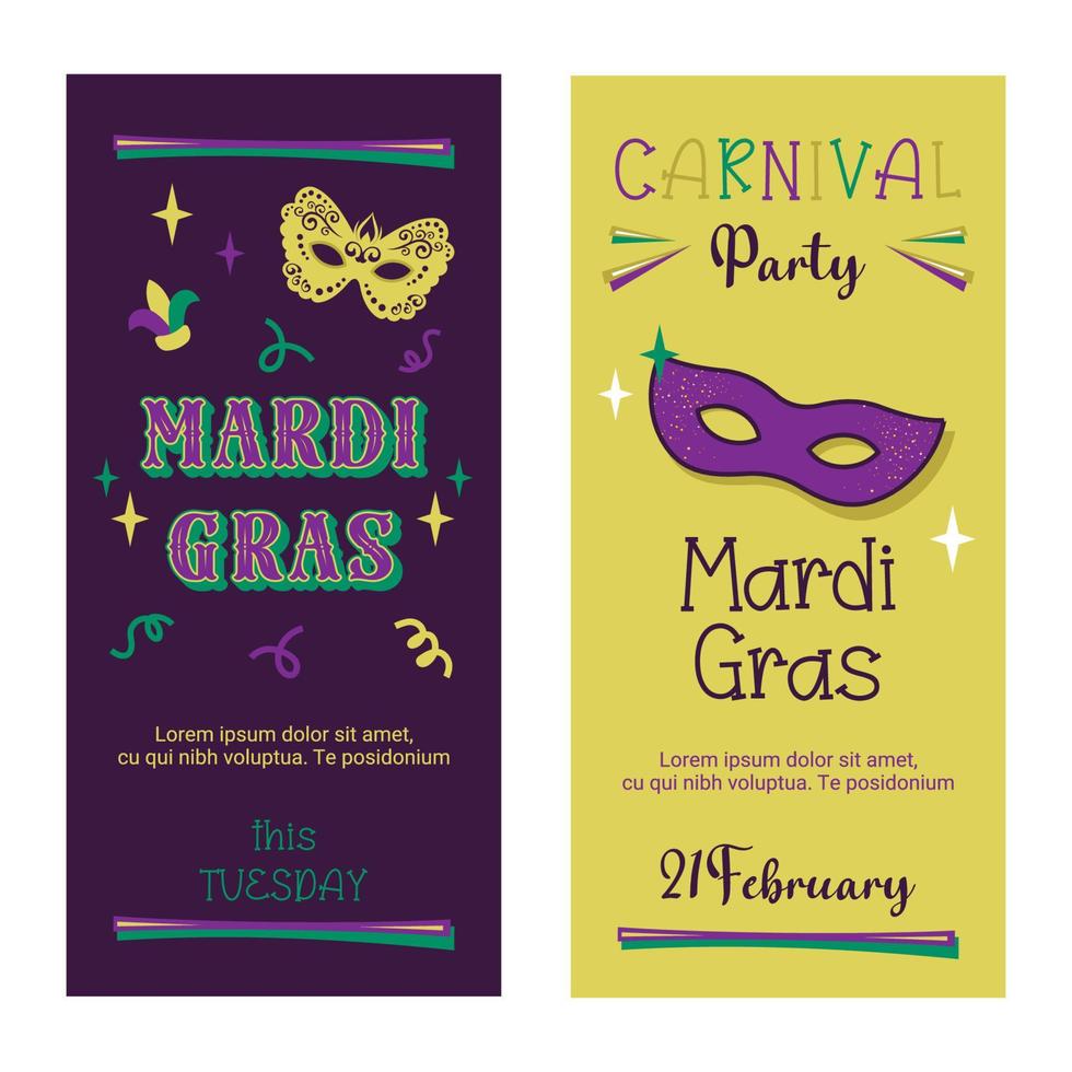 mardi gras poster. reeks van kleurrijk vakantie folder sjabloon met masker, kralen, confetti, traditioneel elementen voor partij decoratie. vector vlak illustratie voor uitnodiging, festival Aankondiging