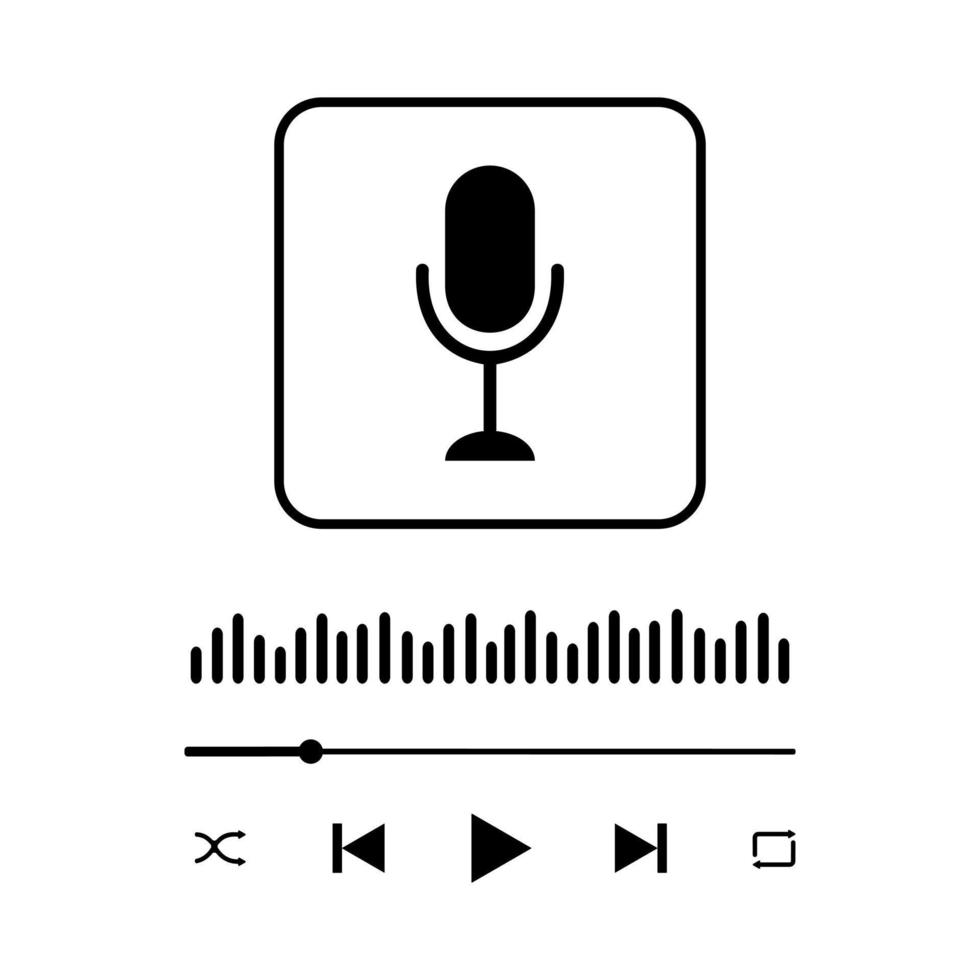 podcasting concept. audio speler koppel met microfoon teken, geluid Golf, bezig met laden bar en toetsen. gemakkelijk muziek- speler of online radio paneel sjabloon vector