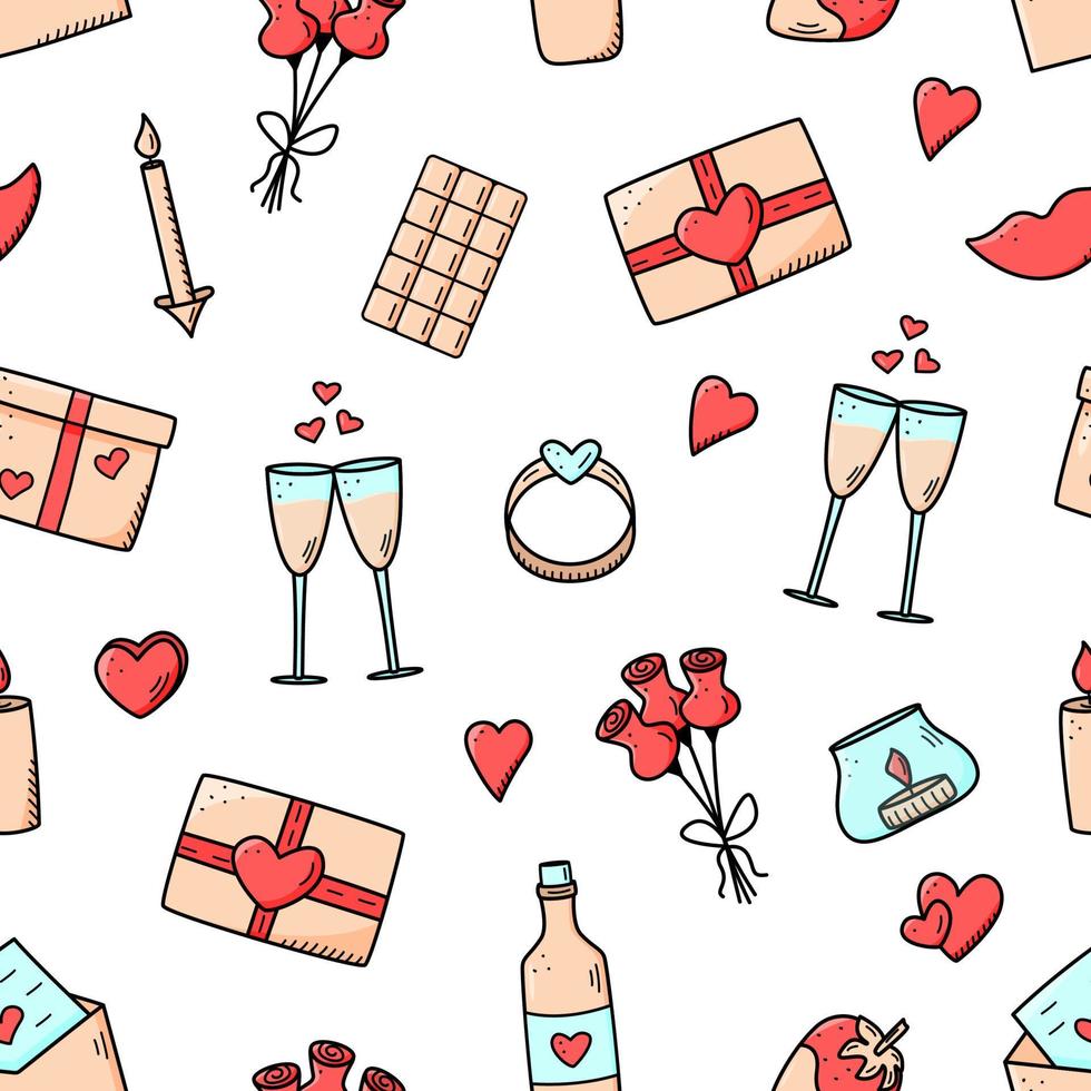 naadloze patroon pictogrammen concept van Valentijnsdag. vector doodle romantische accessoires kaarsen harten ring fles en glazen wijn, aardbei chocolade cadeau lippen