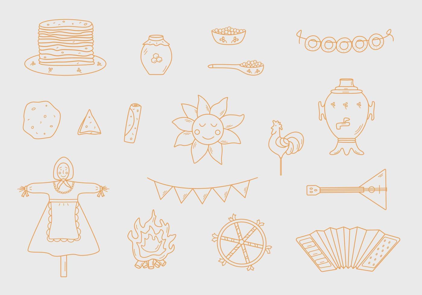 een reeks van tekening elementen van pannenkoek dag. vector illustratie van pictogrammen van de traditioneel Russisch vakantie maslenitsa. zon, vogelverschrikker, accordeon balalaika, Samowar