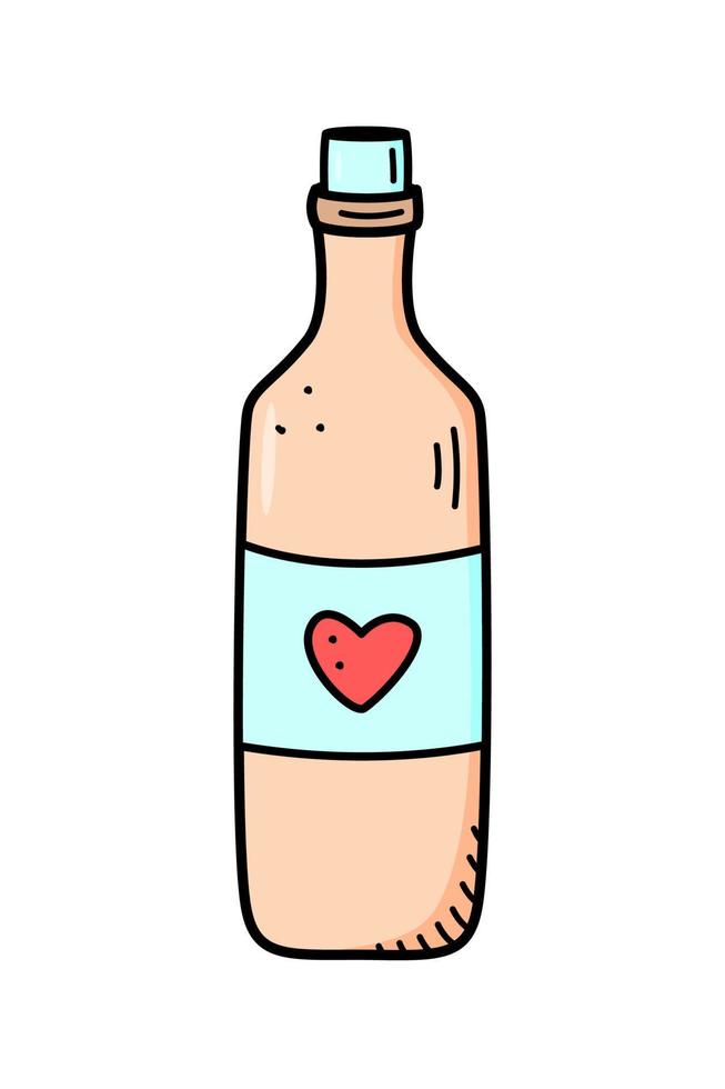 een fles wijn met een hart op het etiket. doodle vectorillustratie, Valentijnsdag vakantie sticker pictogram. vector