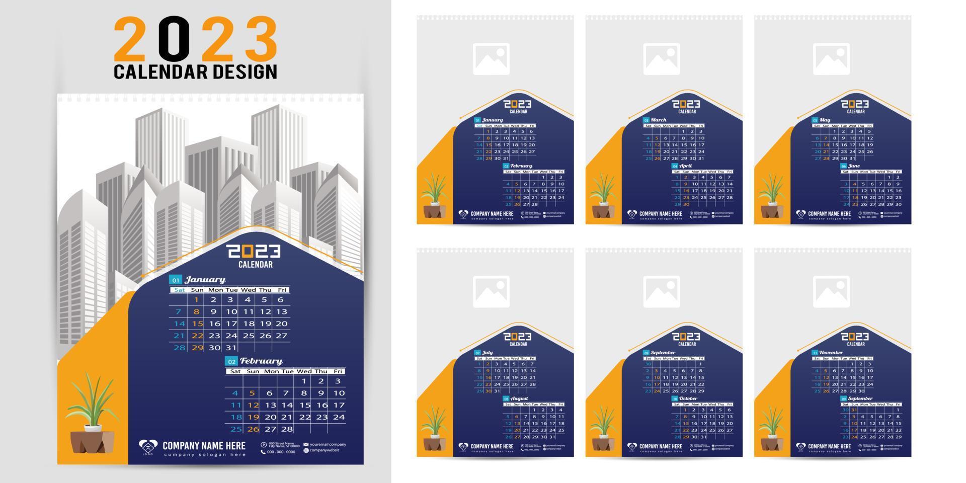 muur kalender 2023 creatief ontwerp, gemakkelijk maandelijks verticaal datum lay-out voor 2023 jaar in engels. 12 maanden kalender Sjablonen, modern nieuw jaar kalender ontwerp. zakelijke of bedrijf kalender. vector