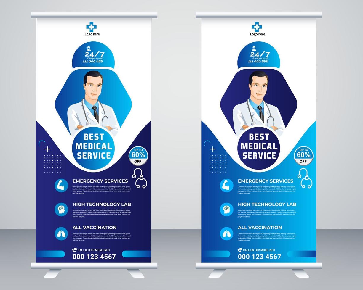 medisch rollen omhoog banier vector sjabloon ontwerp of poll omhoog standee voor gezondheidszorg ziekenhuis. gezondheidszorg en medisch rollen omhoog en standee ontwerp spandoek.