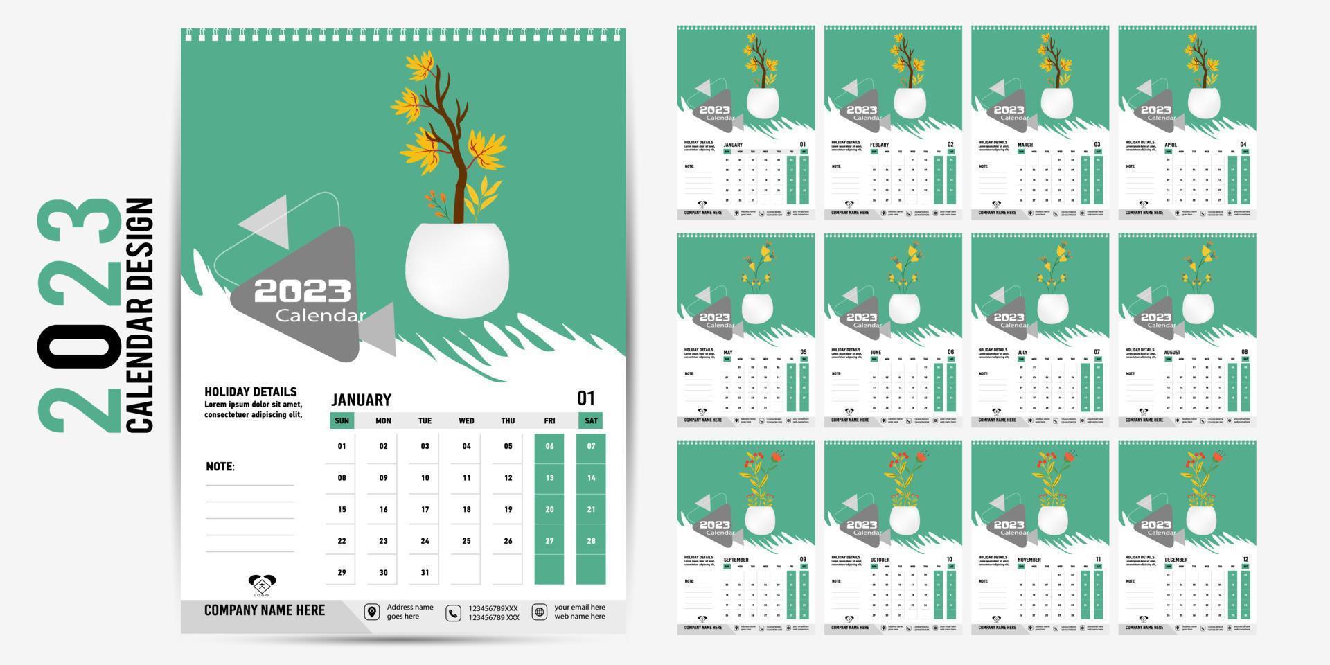 muur kalender 2023 creatief ontwerp, gemakkelijk maandelijks verticaal datum lay-out voor 2023 jaar in engels. 12 maanden kalender Sjablonen, modern nieuw jaar kalender ontwerp. zakelijke of bedrijf kalender. vector