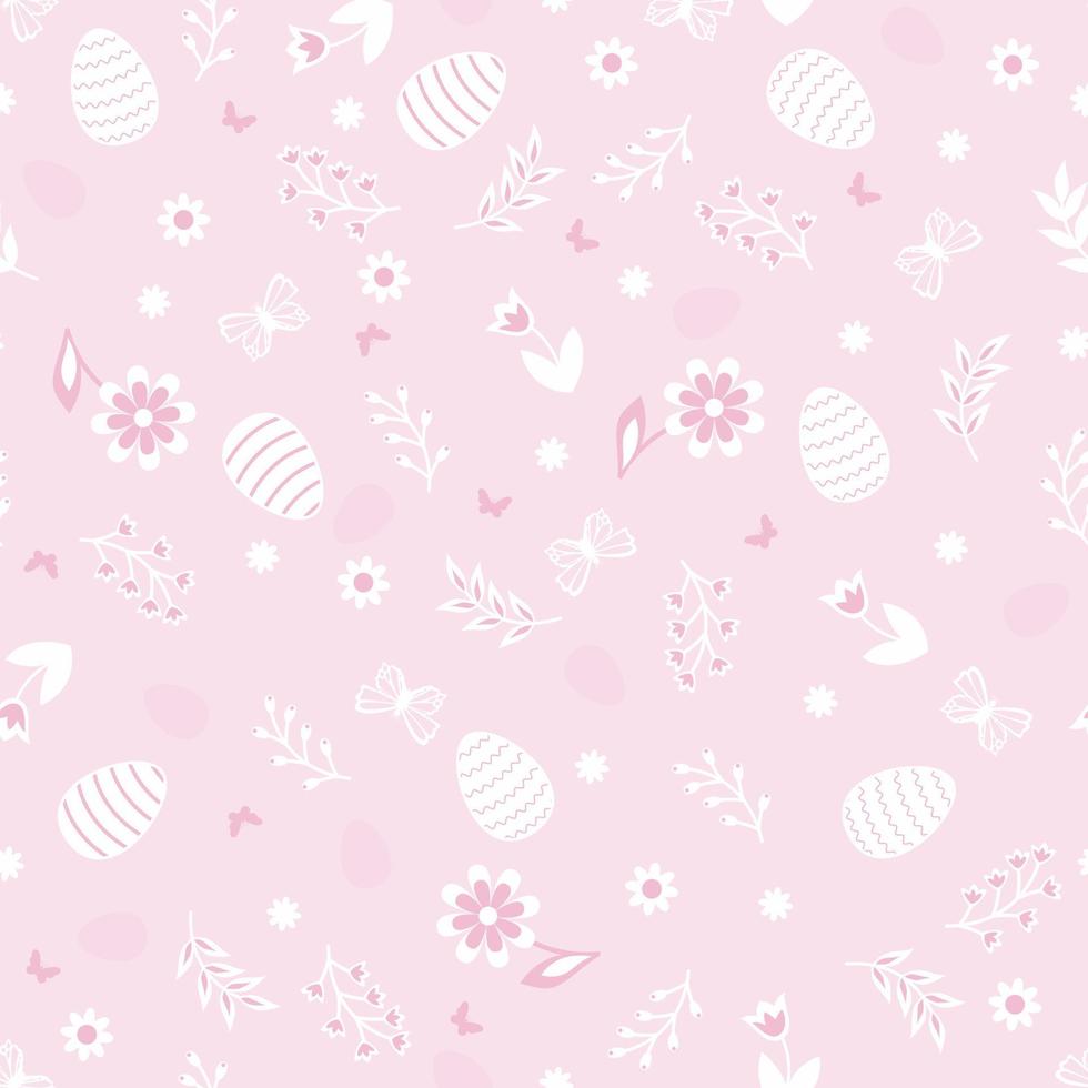 schattig naadloos patroon met eieren, vlinder, bloemen en bladeren. gelukkig Pasen naadloos patroon. vector