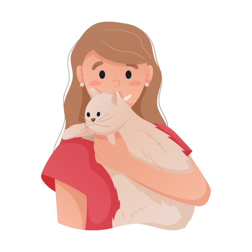 vector illustratie van een vlak meisje met een kat in haar armen.