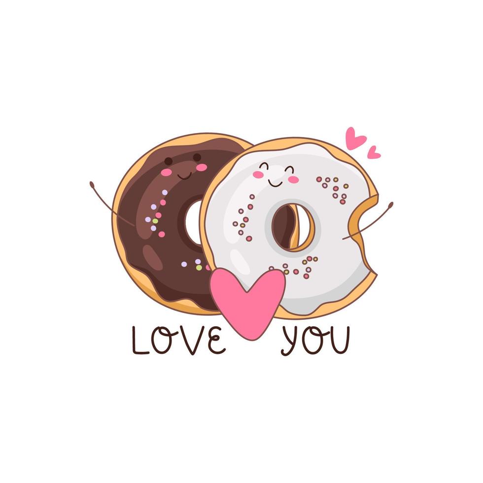 gelukkig geliefden donuts samen. belettering met harten - liefde jij. donuts in chocola en wit glazuur, met abstract gezichten. vector illustratie.