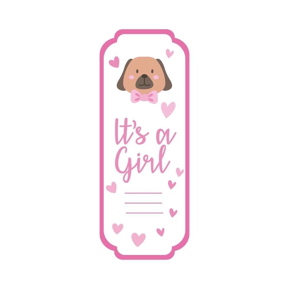 babydouche kaart met kleine hond en het is een meisje belettering, hand tekenen stijl vector