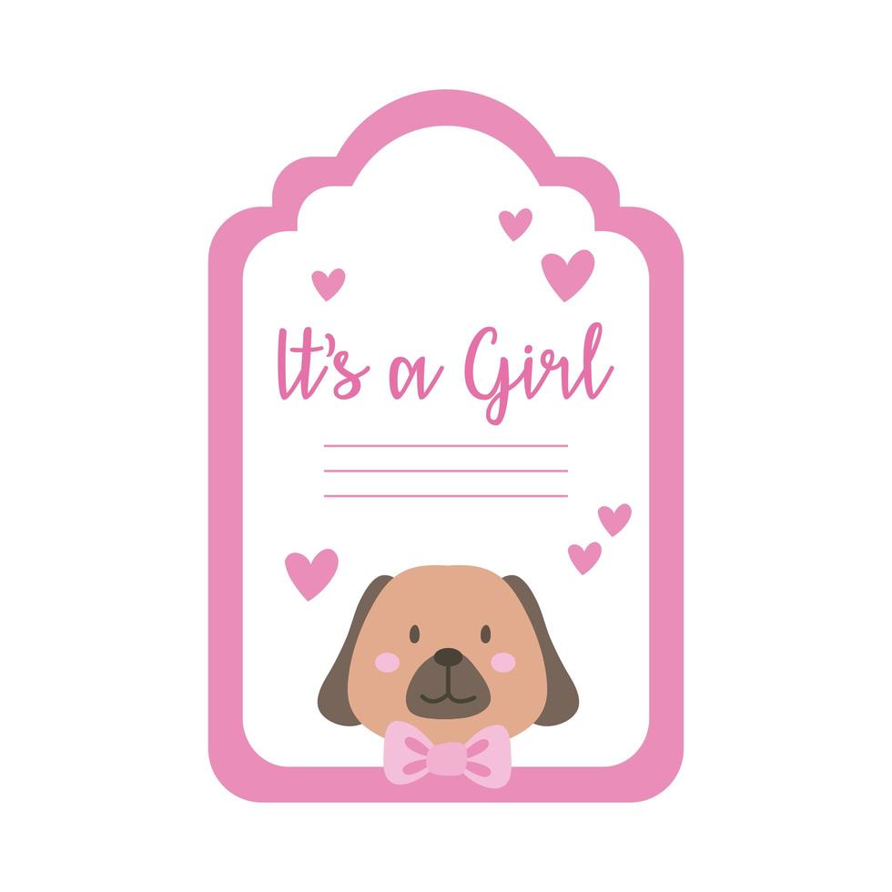 babydouche kaart met kleine hond en het is een meisje belettering, hand tekenen stijl vector