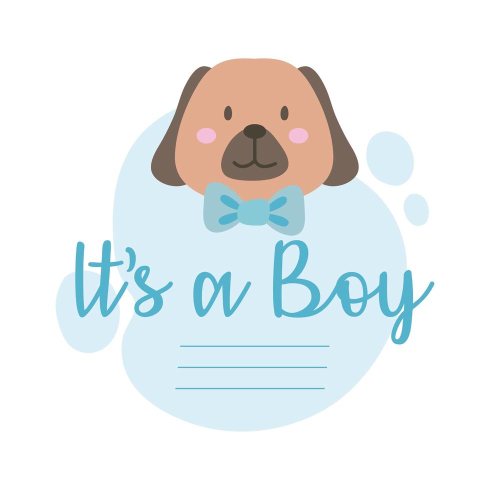 babydouche kaart met kleine hond en het is een jongen belettering, hand tekenen stijl vector