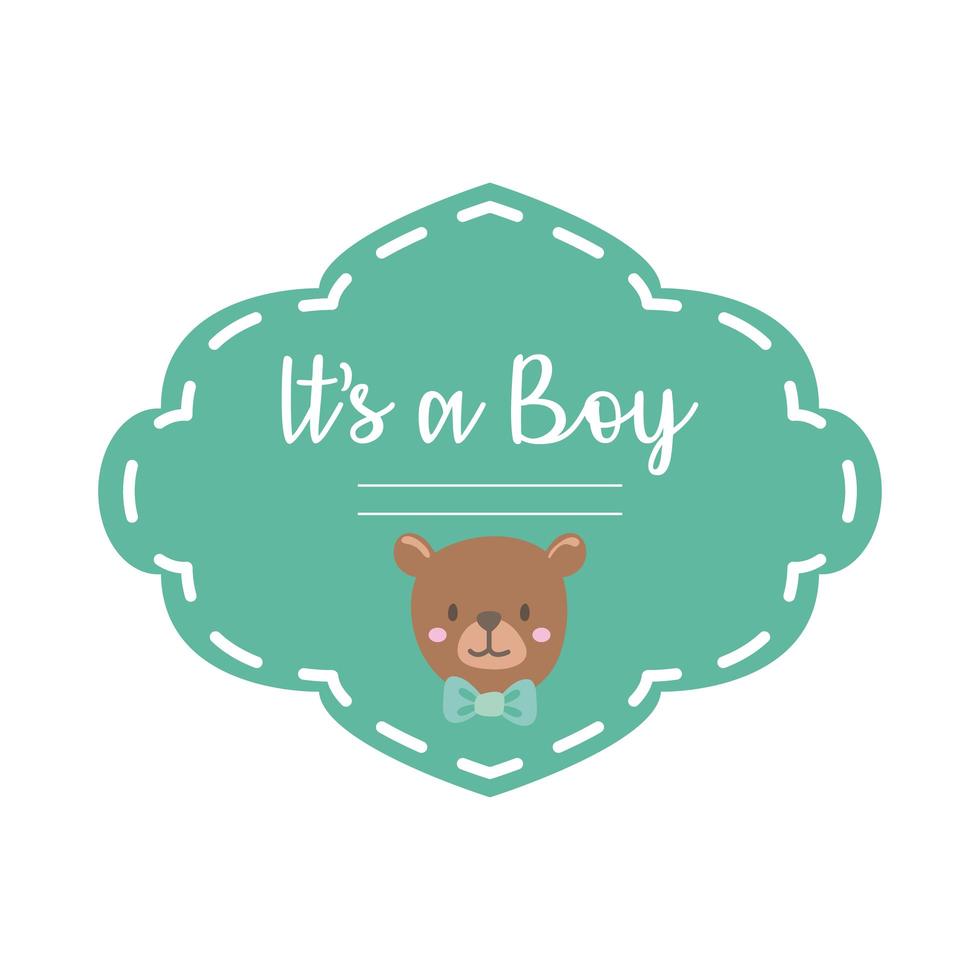 babydouche kaart met teddybeer en belettering het is een jongen, hand tekenen stijl vector