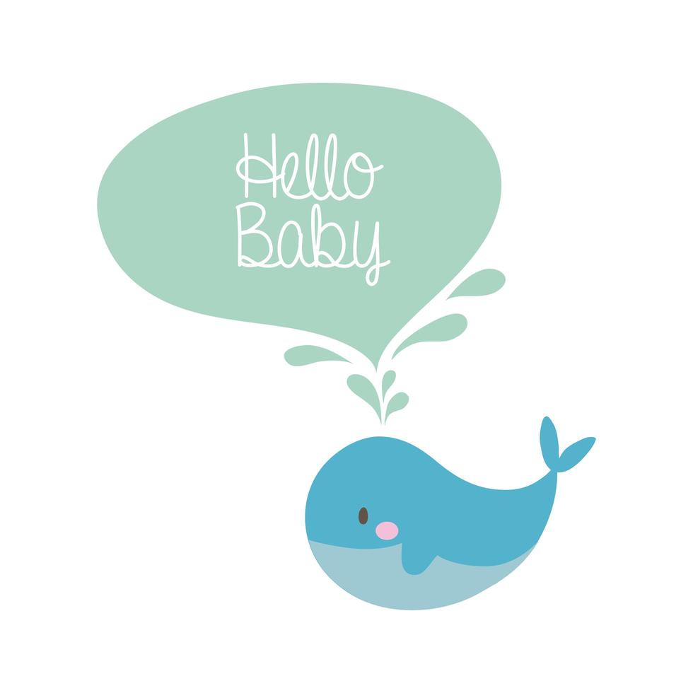 babydouche kaart met walvis en hallo baby, hand tekenen stijl vector