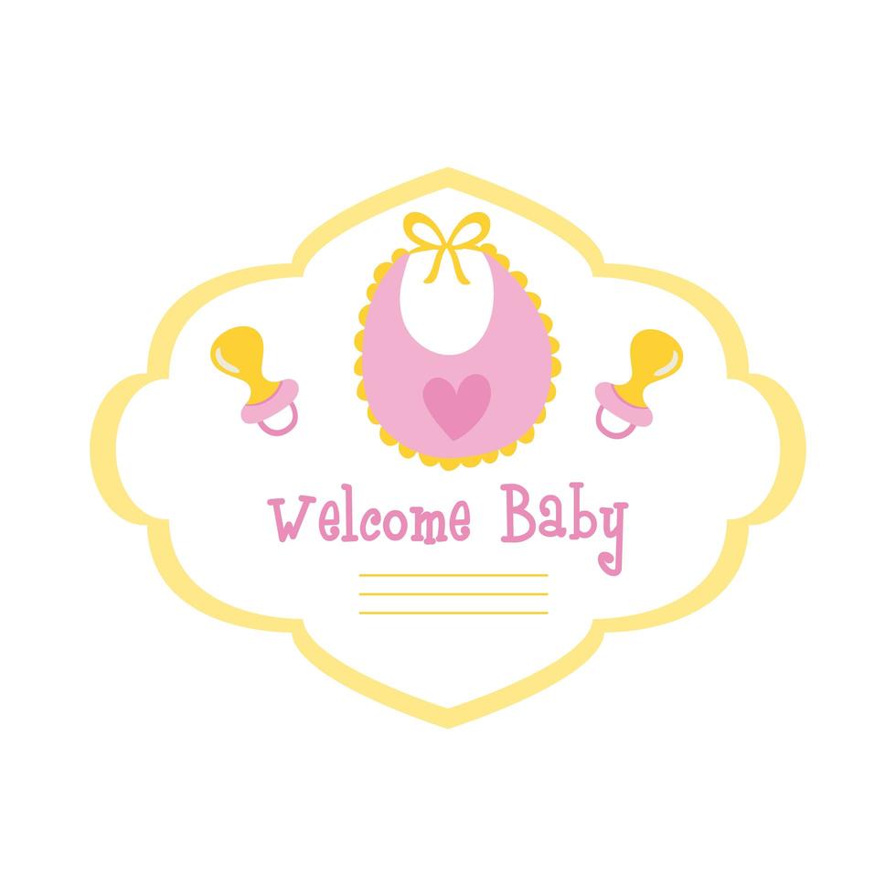 babydouche kaart met slabbetje en welkomstbaby belettering, hand tekenen stijl vector