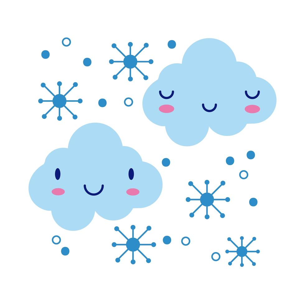 wolken met sneeuwvlokken kawaii komische karakter vlakke stijl vector