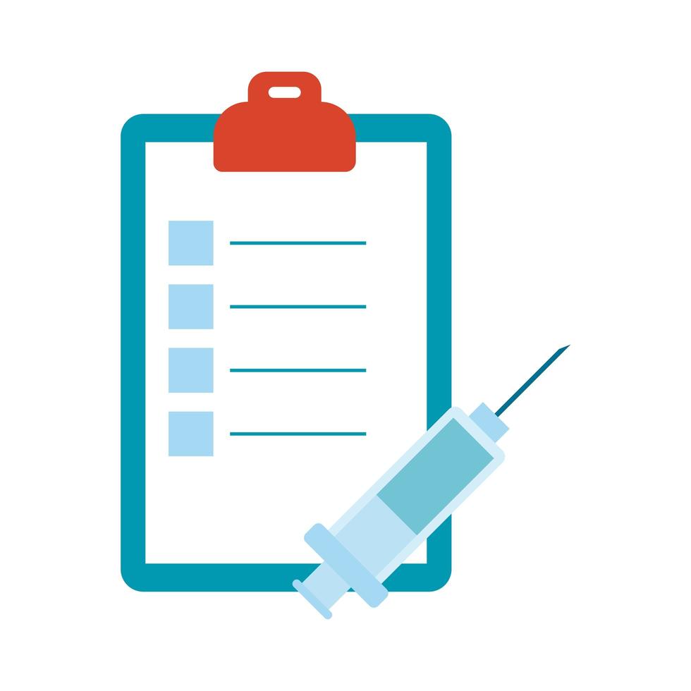 vaccin spuit met checklist platte stijlicoon vector