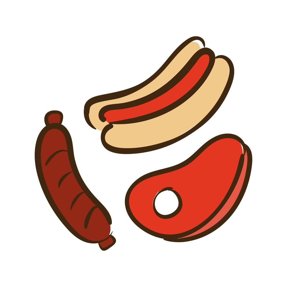 biefstuk, worst en hotdog vlakke stijl pictogram vector illustratie ontwerp