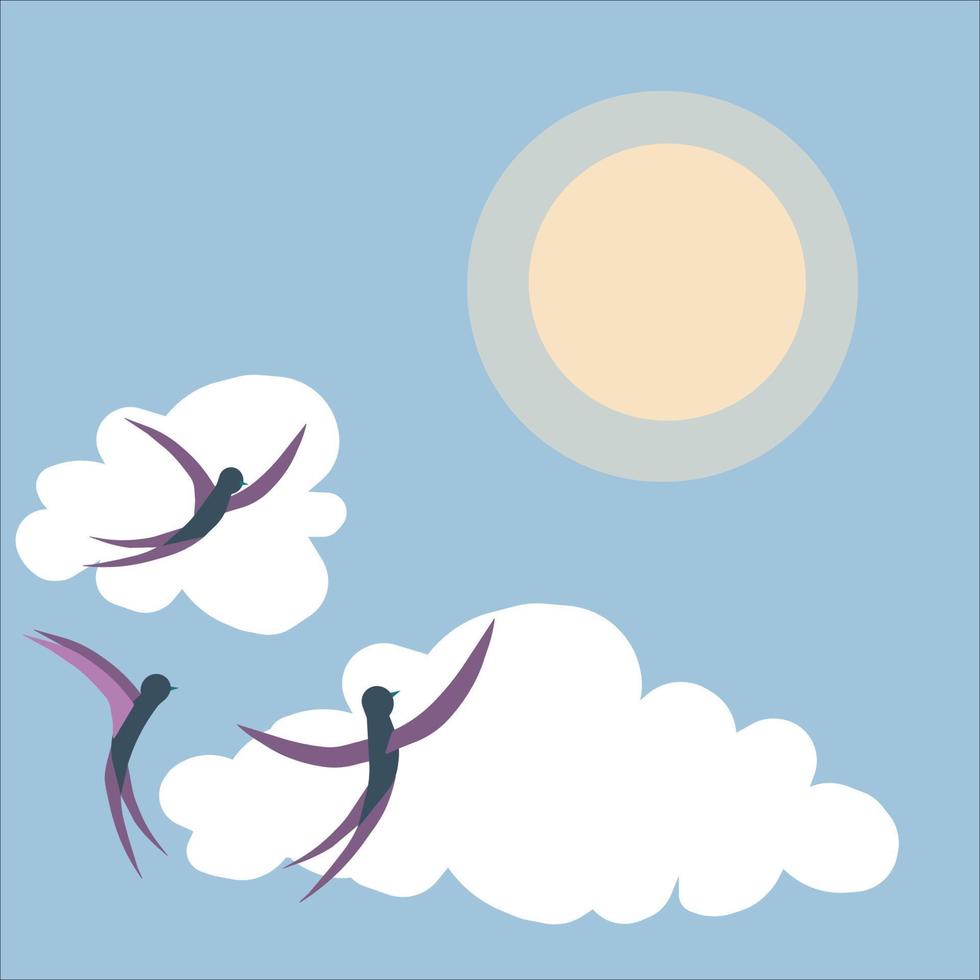 plein vector illustratie met drie zwaluwen in blauw lucht met zon en wolken