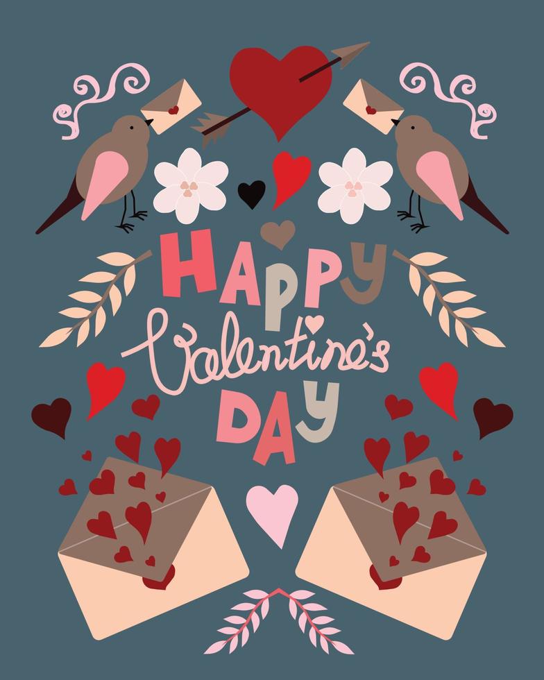 vector illustratie met belettering gelukkig Valentijnsdag dag, harten, vogels, liefde brieven en takken. groet kaart, poster, Valentijnsdag dag kaart, afdrukken, uitnodiging, sociaal media sjabloon