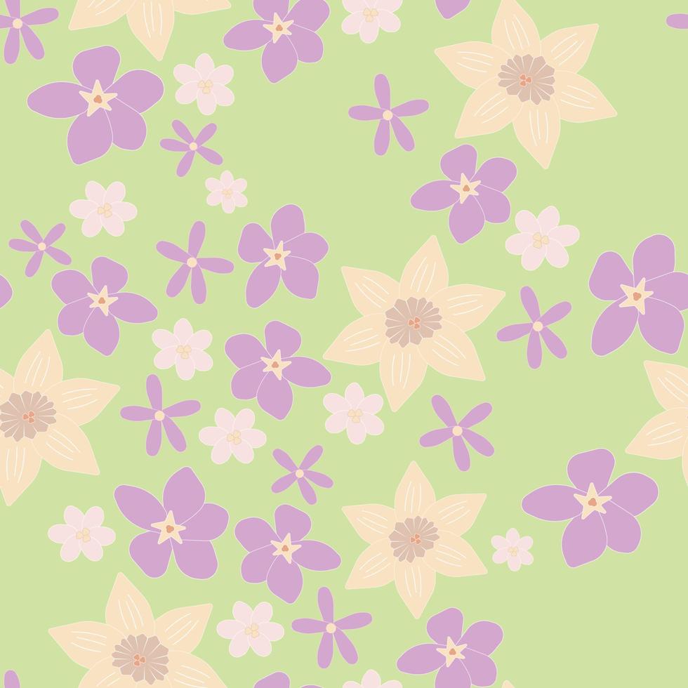 naadloos patroon met vroeg voorjaar bloemen in pastel kleuren Aan pale groen achtergrond vector
