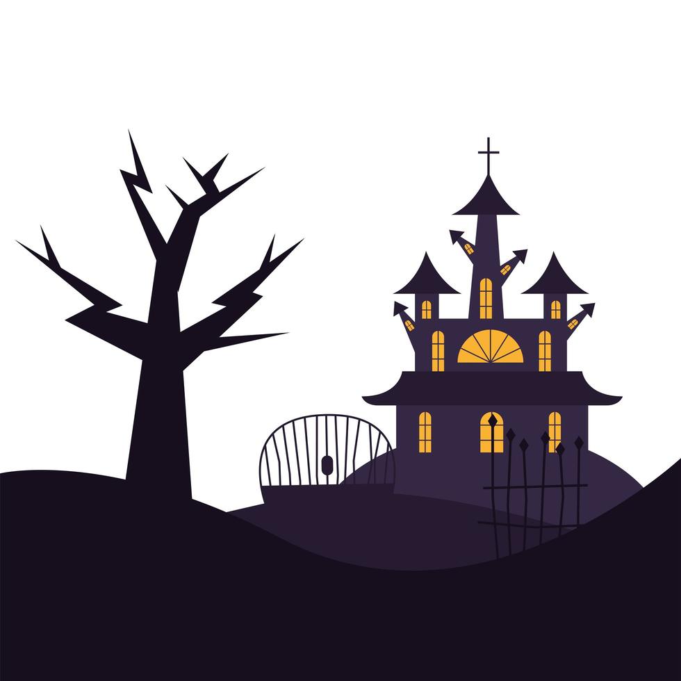 halloween huis poort en boom vector ontwerp