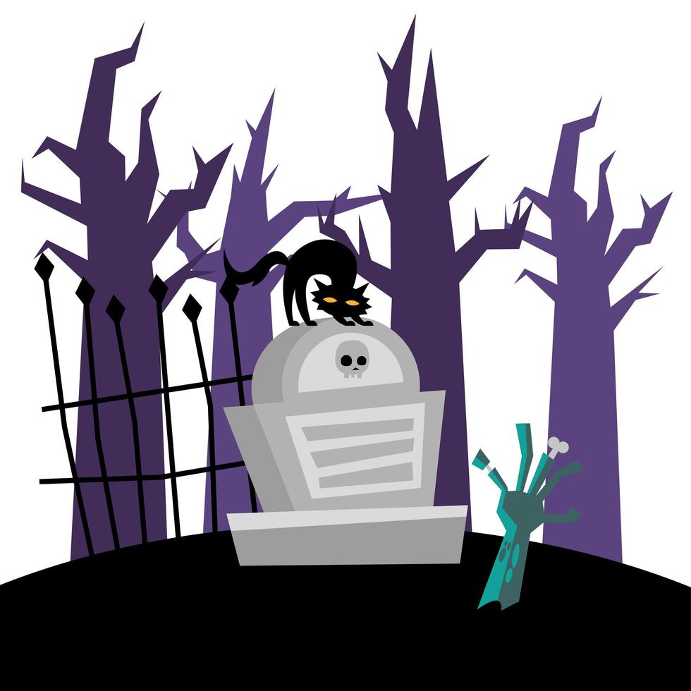 halloween kat op graf en zombie hand vector ontwerp