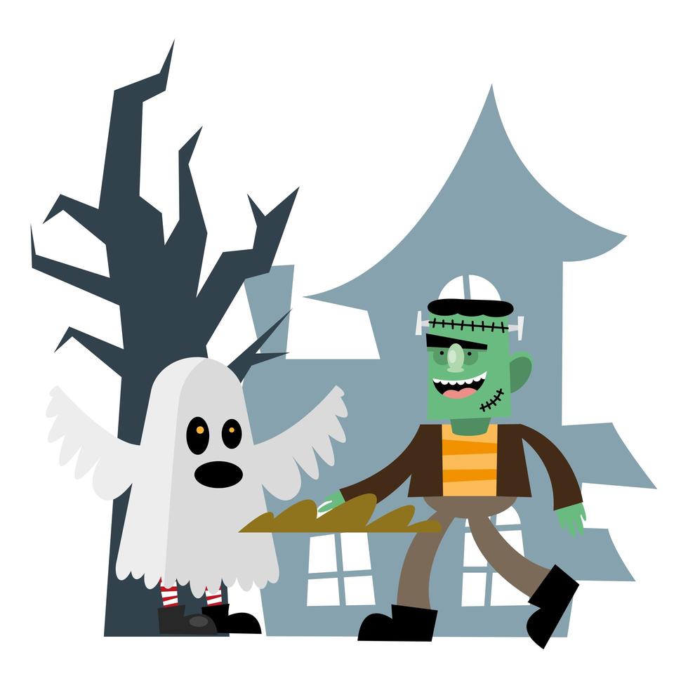 halloween frankenstein en ghost cartoon vector ontwerp