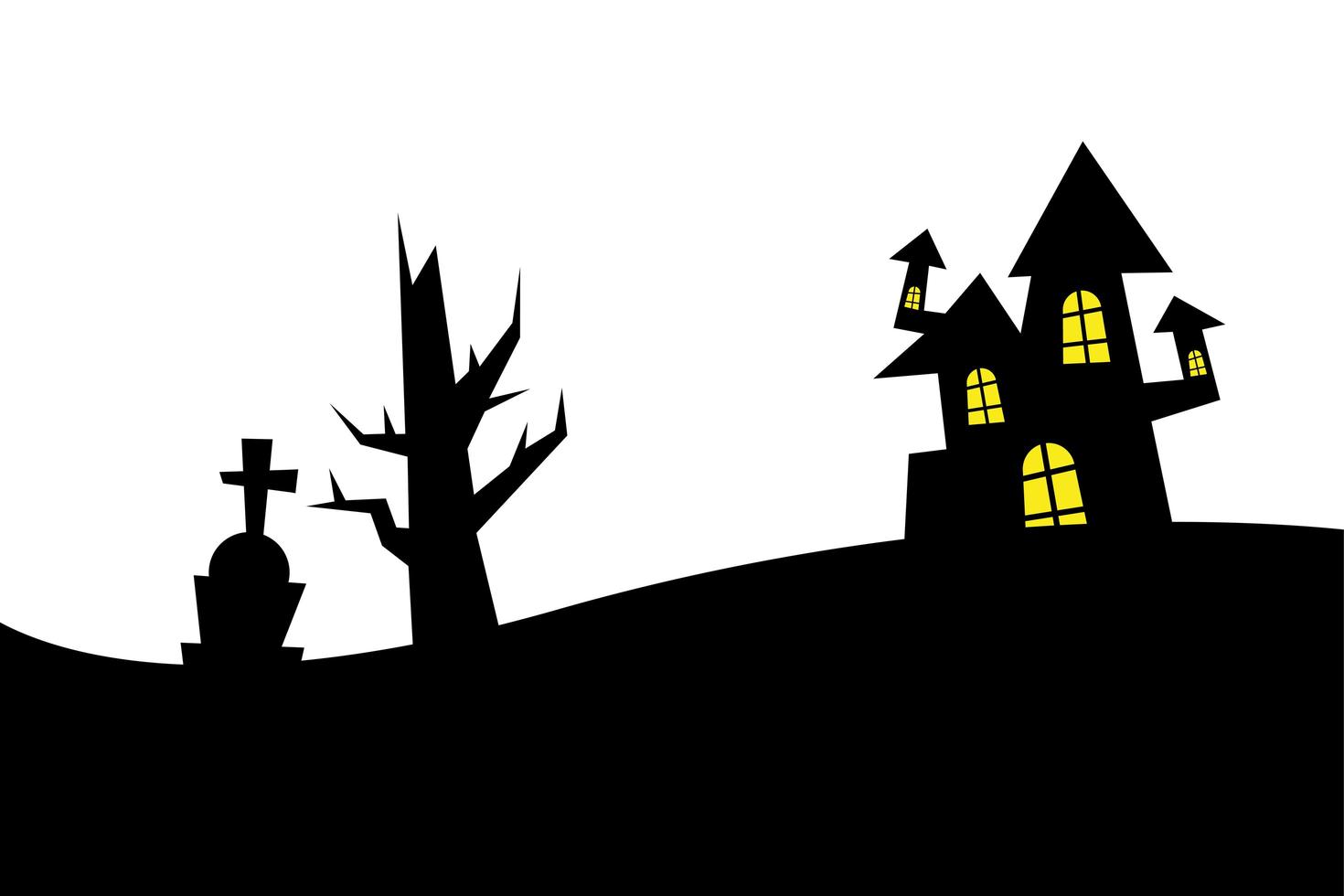 halloween huis, graf en kale boom vector ontwerp