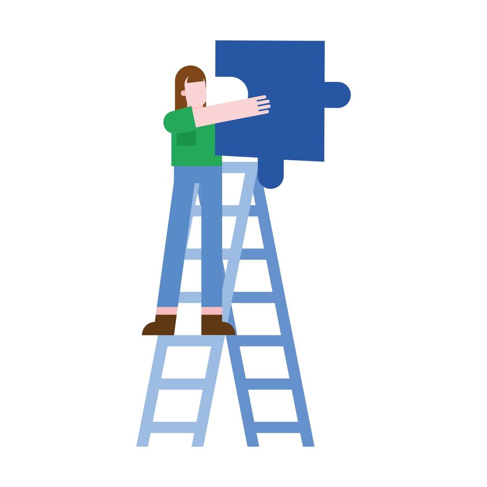 vrouw met puzzel op ladder vector ontwerp