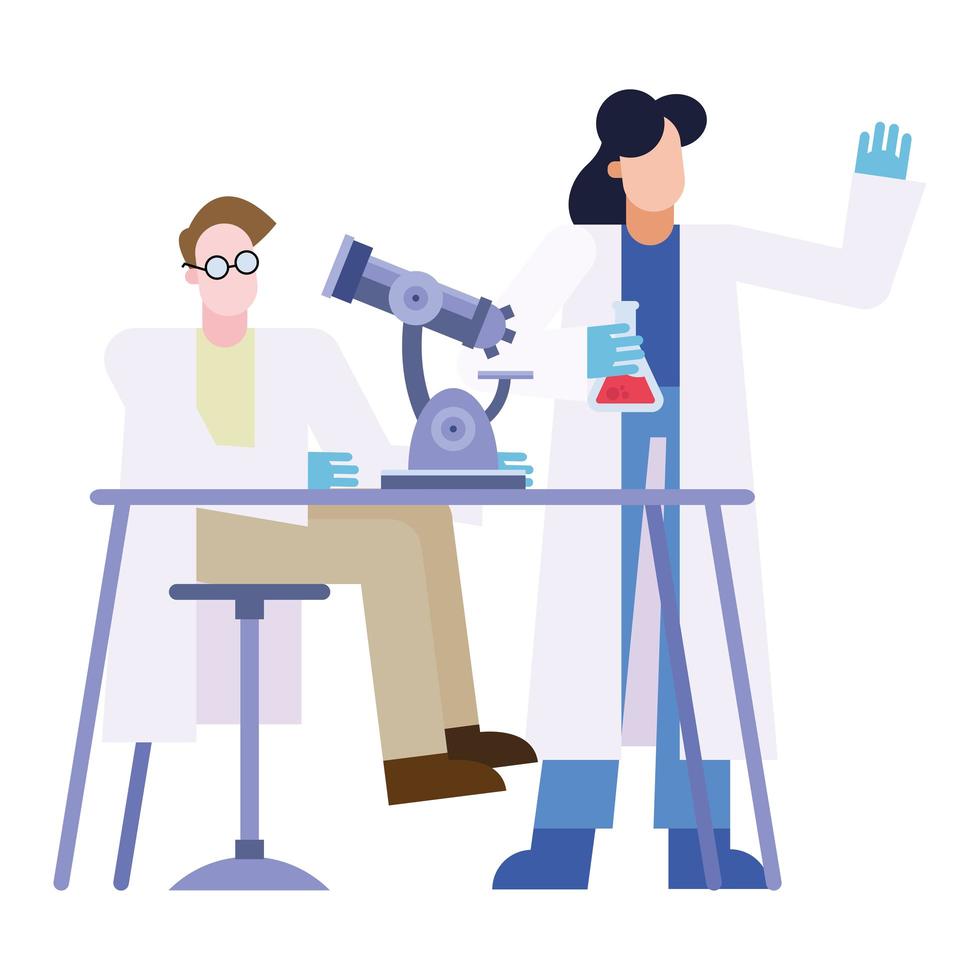 chemische man en vrouw met microscoop en kolf bij bureau vectorontwerp vector