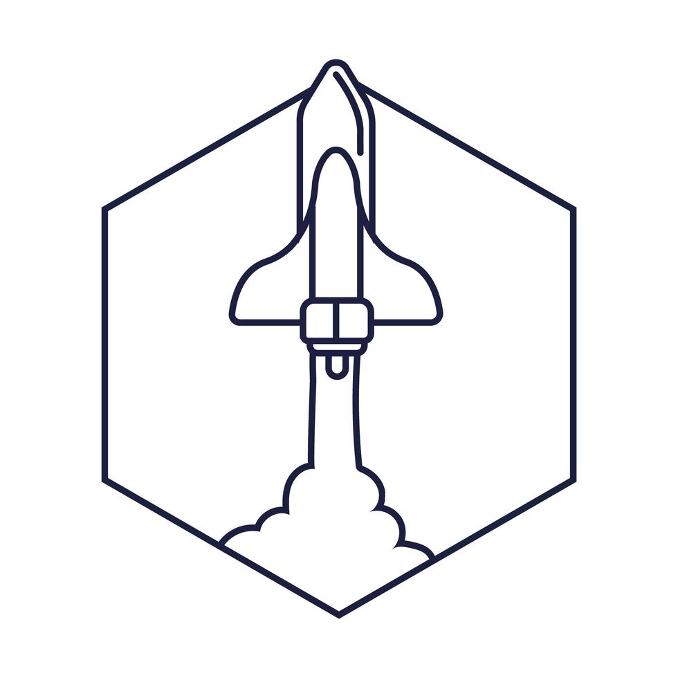 ruimte zeshoek badge met ruimteschip vliegende lijnstijl vector